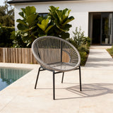 DTY251001 Light Grey Rope-Woven Round Frame Outdoor Chair with Black Metal Legs – Modern Pool Patio Weather-Resistant Lounge Chair