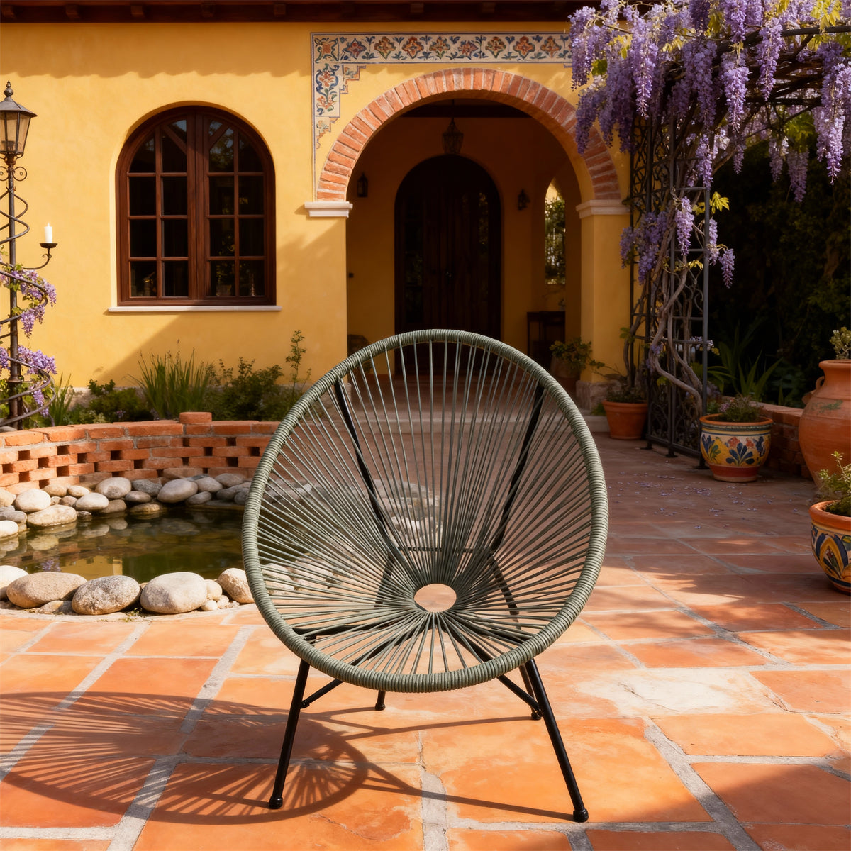 DTY2512 Dark Grey Radial Rope-Woven Round Frame Outdoor Chair with Black Metal Legs – Mexican-Style Courtyard Weather-Resistant Lounge Chair