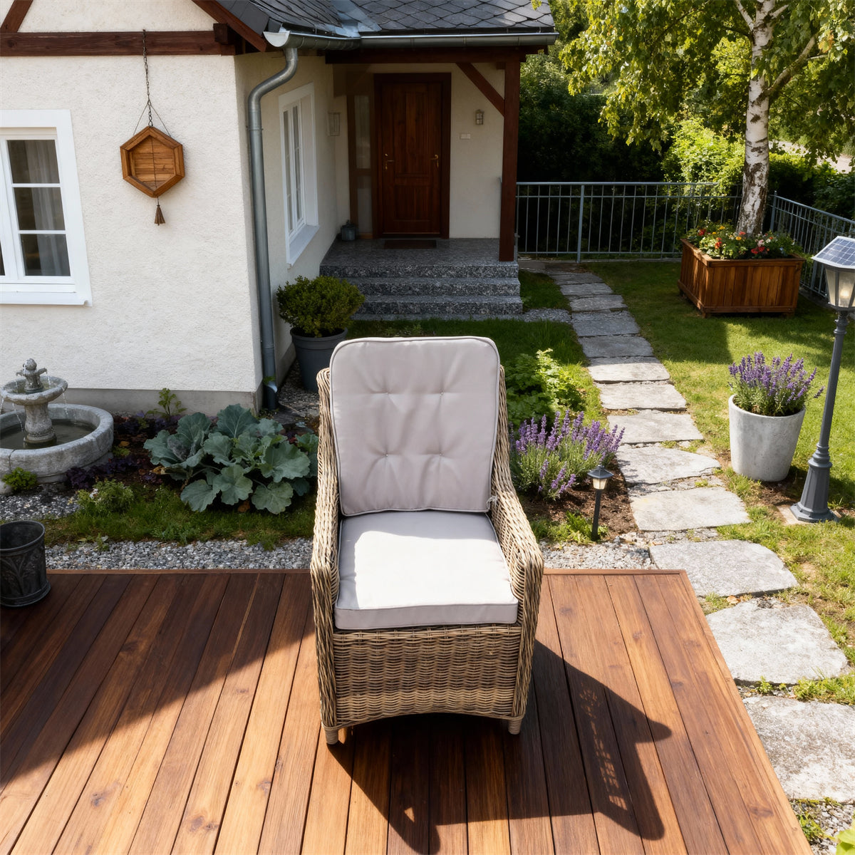 DTY2513 Natural Rattan Outdoor Armchair with Beige Tufted Cushion – French Country Courtyard Weather-Resistant Lounge Chair