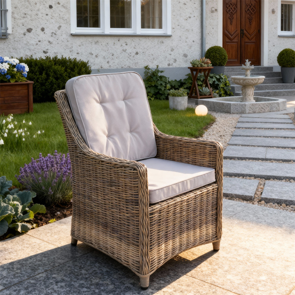 DTY2513 Natural Rattan Outdoor Armchair with Beige Tufted Cushion – French Country Courtyard Weather-Resistant Lounge Chair