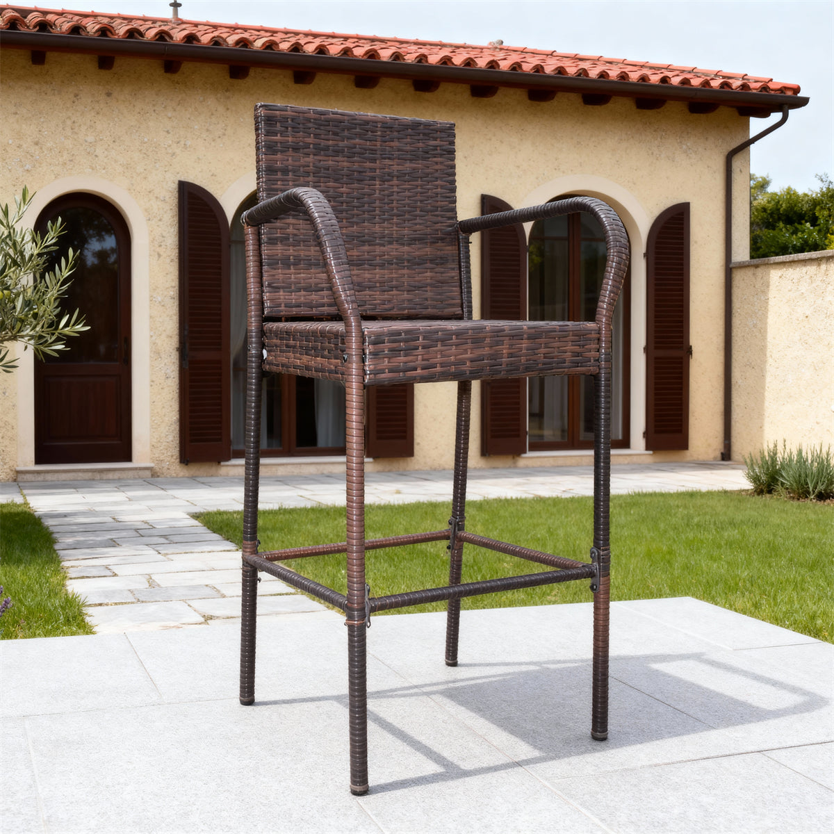 DTY2514 Brown Wicker Outdoor Bar Stool with Armrests – Italian Villa Patio Weather-Resistant High-Back Bar Chair