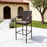 DTY2514 Brown Wicker Outdoor Bar Stool with Armrests – Italian Villa Patio Weather-Resistant High-Back Bar Chair
