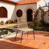 DTY2516 Beige Grid-Woven Rope Outdoor Chair with Black Metal Legs – Mexican Hacienda Courtyard Weather-Resistant Lounge Chair