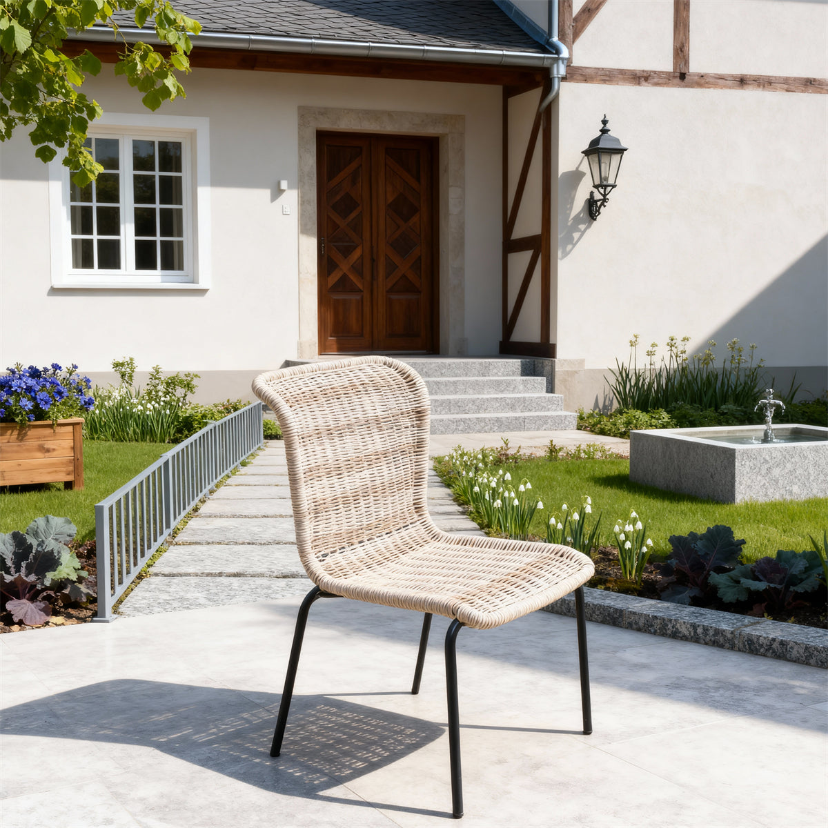 DTY2517 Light Beige Wicker Curved Frame Outdoor Chair with Black Metal Legs – German Cottage Courtyard Weather-Resistant Lounge Chair