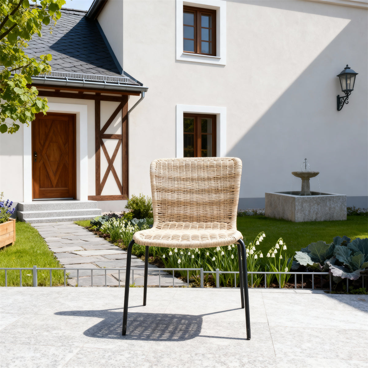 DTY2517 Light Beige Wicker Curved Frame Outdoor Chair with Black Metal Legs – German Cottage Courtyard Weather-Resistant Lounge Chair