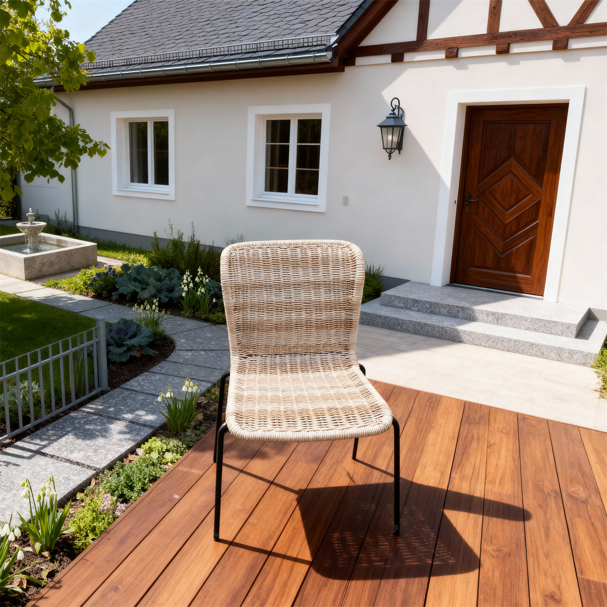 DTY2517 Light Beige Wicker Curved Frame Outdoor Chair with Black Metal Legs – German Cottage Courtyard Weather-Resistant Lounge Chair