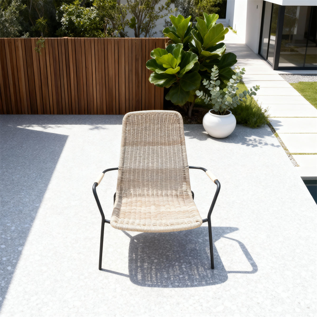 DTY251801 Light Beige Wicker High-Back Outdoor Armchair with Black Metal Legs – Modern Luxury Pool Patio Weather-Resistant Lounge Chair