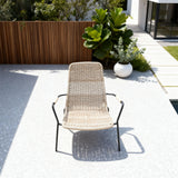 DTY251801 Light Beige Wicker High-Back Outdoor Armchair with Black Metal Legs – Modern Luxury Pool Patio Weather-Resistant Lounge Chair