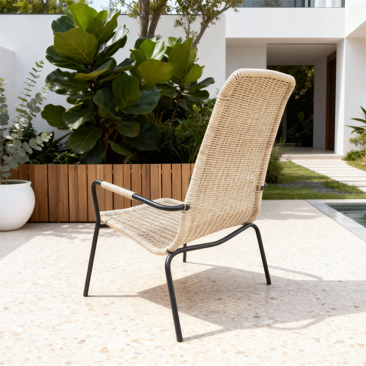 DTY251801 Light Beige Wicker High-Back Outdoor Armchair with Black Metal Legs – Modern Luxury Pool Patio Weather-Resistant Lounge Chair