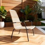 DTY251801 Light Beige Wicker High-Back Outdoor Armchair with Black Metal Legs – Modern Luxury Pool Patio Weather-Resistant Lounge Chair