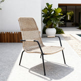 DTY251801 Light Beige Wicker High-Back Outdoor Armchair with Black Metal Legs – Modern Luxury Pool Patio Weather-Resistant Lounge Chair