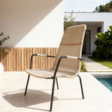 DTY251801 Light Beige Wicker High-Back Outdoor Armchair with Black Metal Legs – Modern Luxury Pool Patio Weather-Resistant Lounge Chair