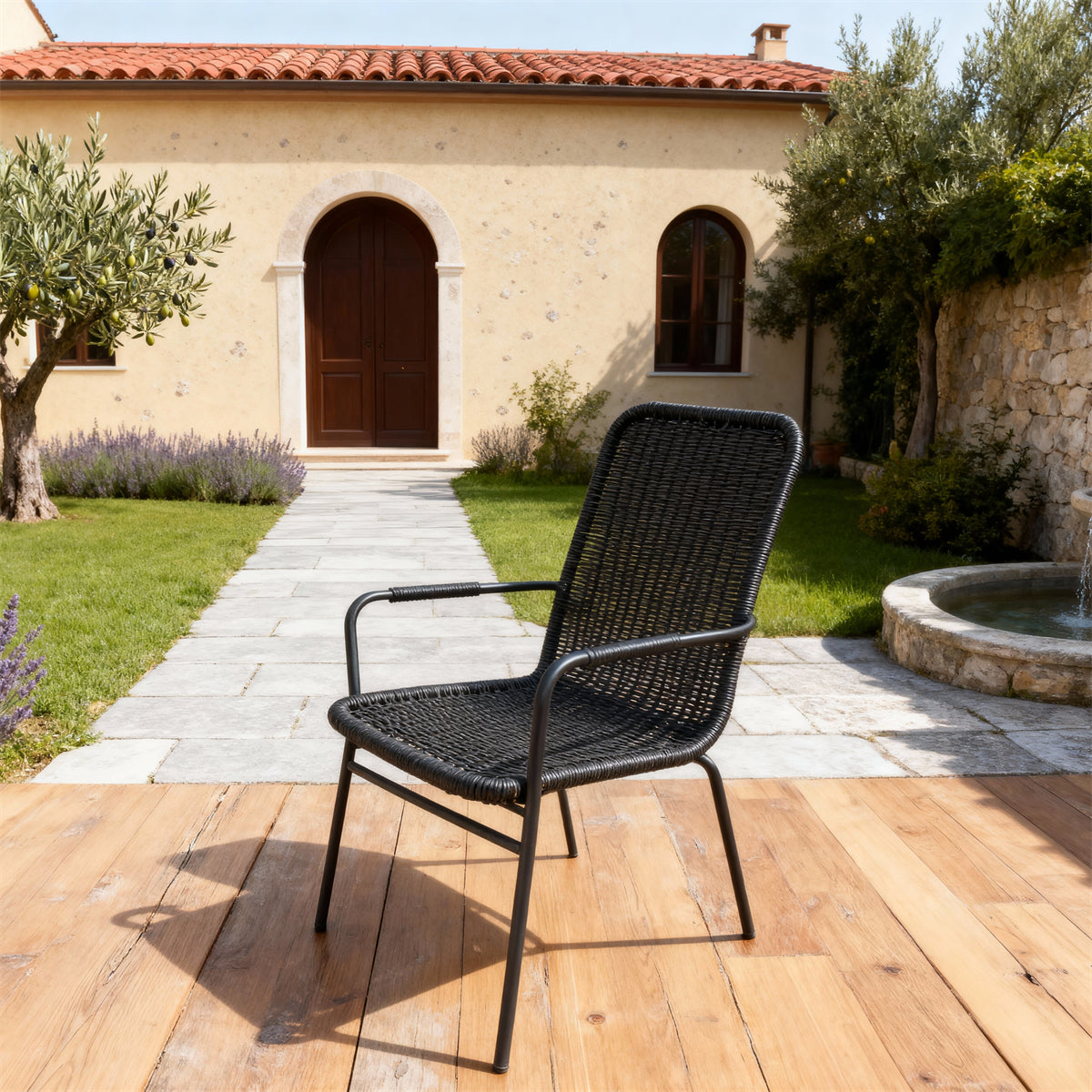 DTY251802 All-Black Wicker High-Back Outdoor Armchair with Black Metal Legs – Tuscan Villa Courtyard Weather-Resistant Lounge Chair