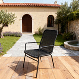 DTY251802 All-Black Wicker High-Back Outdoor Armchair with Black Metal Legs – Tuscan Villa Courtyard Weather-Resistant Lounge Chair