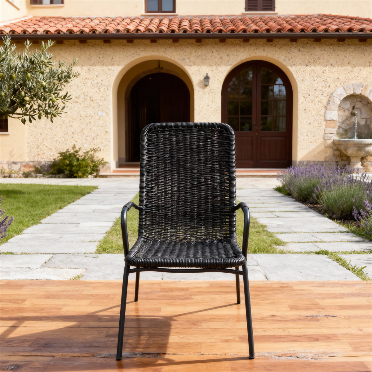 DTY251802 All-Black Wicker High-Back Outdoor Armchair with Black Metal Legs – Tuscan Villa Courtyard Weather-Resistant Lounge Chair