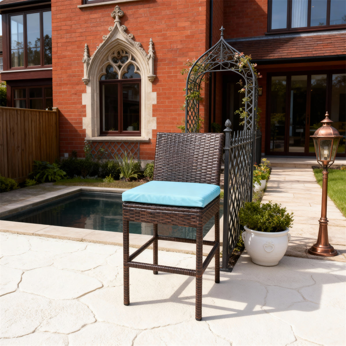 DTY2519 Brown Wicker Outdoor Bar Stool with Bright Blue Cushion – English Manor Courtyard Weather-Resistant High-Back Bar Chair