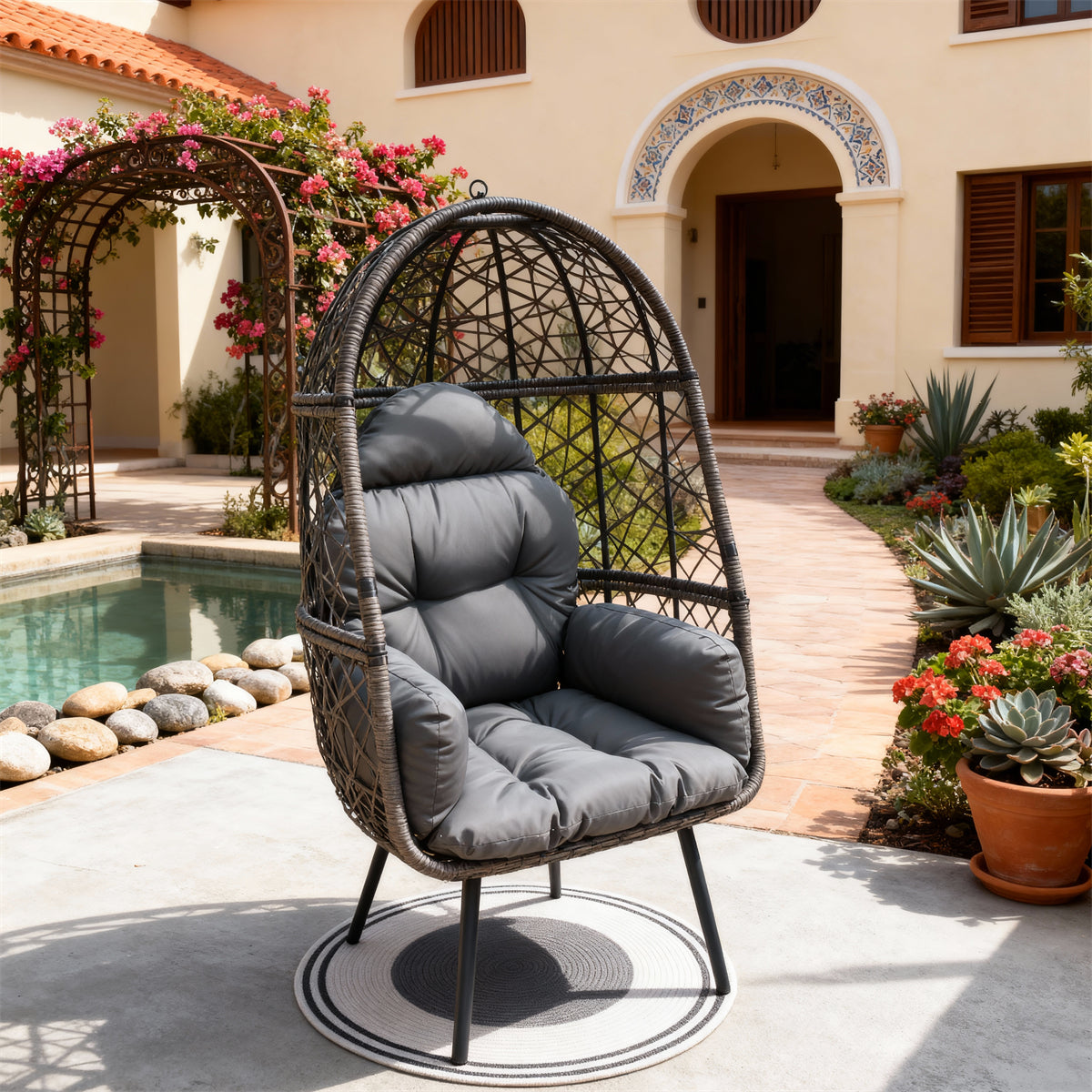 DTY2520 Grey-Brown Wicker Birdcage Lounge Chair with Thick Grey Cushion – Mexican Hacienda Pool Patio Weather-Resistant Chair