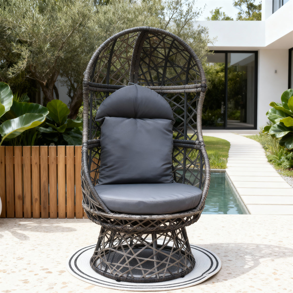 DTY2521 Dark Grey Wicker Streamlined Birdcage Chair with Grey Cushion – Modern Minimalist Pool Patio Weather-Resistant Lounge Chair