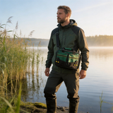 FSB1902 Dark Green Yellow Stitching Large Fishing Tackle Bag with Multi Zipper Pockets for Lake River Angling