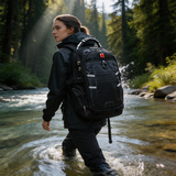 HDB1919 Black Waterproof Hiking Backpack with Reflective Strips for Foggy Mountain Trekking and Rainy Outdoor Trips