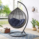 SWC2651 Single Seat Grey Wicker Teardrop Hanging Egg Chair with Stand & Navy Cushion – Porch Patio Swing Lounge Chair