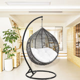 SWC2651 Single Seat Grey Wicker Teardrop Hanging Egg Chair with Stand & Navy Cushion – Porch Patio Swing Lounge Chair