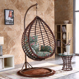 SWC2657 Single Seat Light Green Wicker Teardrop Hanging Egg Chair with Stand & Blue Floral Cushion – Coastal Sea View Patio Swing Lounge Chair Set