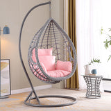 SWC2659 Single Seat Natural Brown Wicker Teardrop Hanging Egg Chair with Stand & Striped Cushion – Indoor Outdoor Zen Patio Swing Lounge Chair Set