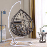 SWC2659 Single Seat Natural Brown Wicker Teardrop Hanging Egg Chair with Stand & Striped Cushion – Indoor Outdoor Zen Patio Swing Lounge Chair Set