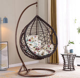SWC2659 Single Seat Natural Brown Wicker Teardrop Hanging Egg Chair with Stand & Striped Cushion – Indoor Outdoor Zen Patio Swing Lounge Chair Set