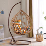 SWC2659 Single Seat Natural Brown Wicker Teardrop Hanging Egg Chair with Stand & Striped Cushion – Indoor Outdoor Zen Patio Swing Lounge Chair Set