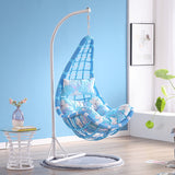 SWC2660 Single Seat Purple White Wicker Teardrop Hanging Egg Chair with Stand & Purple Floral Cushion – Indoor Outdoor Swing Lounge Chair Set