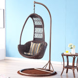 SWC2661 Single Seat Orange Brown Wicker Teardrop Hanging Egg Chair with Stand & Floral Cushion – Indoor Outdoor Swing Lounge Chair Set