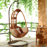 SWC2661 Single Seat Orange Brown Wicker Teardrop Hanging Egg Chair with Stand & Floral Cushion – Indoor Outdoor Swing Lounge Chair Set