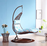 SWC2665 Single Seat White Moon Shaped Wicker Hanging Swing Chair with Stand & Floral Cushion – Indoor Leisure Lounge Chair Set