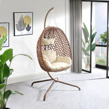 SWC2650 Single Seat Natural Brown Wicker Hanging Egg Chair with Stand & Beige Cushion – Coastal Beach Patio Swing Lounge Chair Set