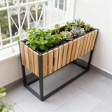 OPB2502 Elevated Rectangular Wooden Planter Box with Metal Stand – Modern Patio Raised Garden Bed