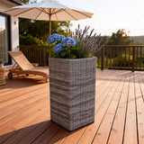 OPB250502 Tall Square Grey Wicker Planter – Modern Coastal Patio Plant Pot