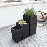 OPB250601 3-Piece Tall Square Black Wicker Planter Set – Modern Patio Plant Pot Set
