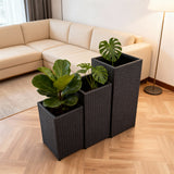 OPB250601 3-Piece Tall Square Black Wicker Planter Set – Modern Patio Plant Pot Set