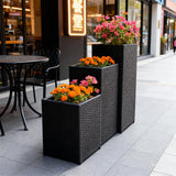 OPB250601 3-Piece Tall Square Black Wicker Planter Set – Modern Patio Plant Pot Set