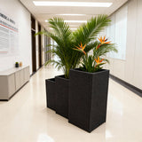 OPB250601 3-Piece Tall Square Black Wicker Planter Set – Modern Patio Plant Pot Set