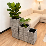 OPB250602 3-Piece Tall Square Grey Wicker Planter Set – Commercial Patio Plant Pot Set
