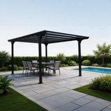 PGL2401 Black Metal Pergola with Transparent Polycarbonate Roof – Outdoor Patio Sun Shade Gazebo for Backyard & Deck