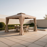 PGL2402 Beige Double-Tier Gazebo with Privacy Curtains – Outdoor Patio Canopy for Poolside & Deck