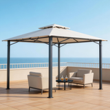 PGL2405 Large Double-Tier White Patio Gazebo with Grey Metal Frame – Outdoor Canopy for Deck & Coastal Terrace