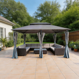 PGL2406 Large Double-Tier Dark Grey Patio Gazebo with Privacy Curtains –Outdoor Canopy for Coastal Deck & Backyard