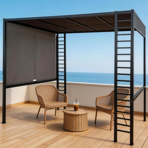 PGL2409 Black Metal Pergola with Retractable Privacy Shade – Modern Outdoor Sun Shelter for Coastal Balcony & Deck