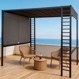 PGL2409 Black Metal Pergola with Retractable Privacy Shade – Modern Outdoor Sun Shelter for Coastal Balcony & Deck