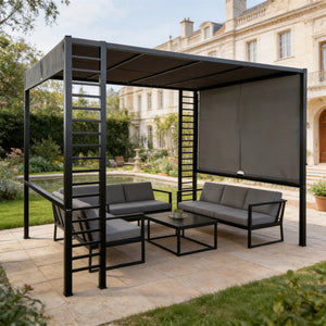 PGL2409 Black Metal Pergola with Retractable Privacy Shade – Modern Outdoor Sun Shelter for Coastal Balcony & Deck